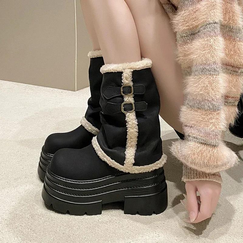10CM Thick Heels Motorcycle Boots Women High Platform Leather Snow Sneakers Winter Warm Fur Mid-calf Boots Plush Short Punk Boot