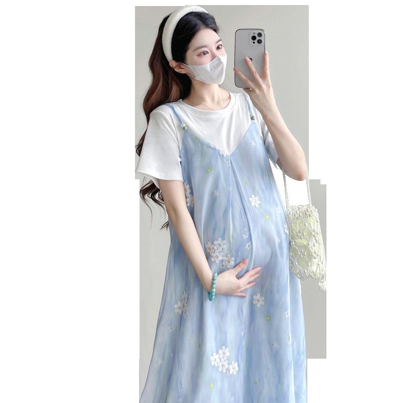Summer Maternity Korean Style Cotton T-shirt with Chiffon Embroidery Two-Piece Dress