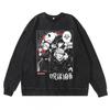 Vintage Washed Dark Anime Print Streetwear Hoodie Men - Retro Urban Sweatshirt With Cotton Lining