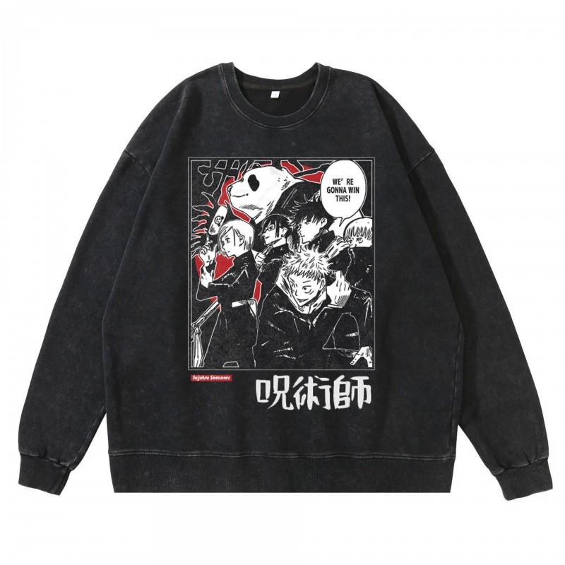 Vintage Washed Dark Anime Print Streetwear Hoodie Men - Retro Urban Sweatshirt With Cotton Lining