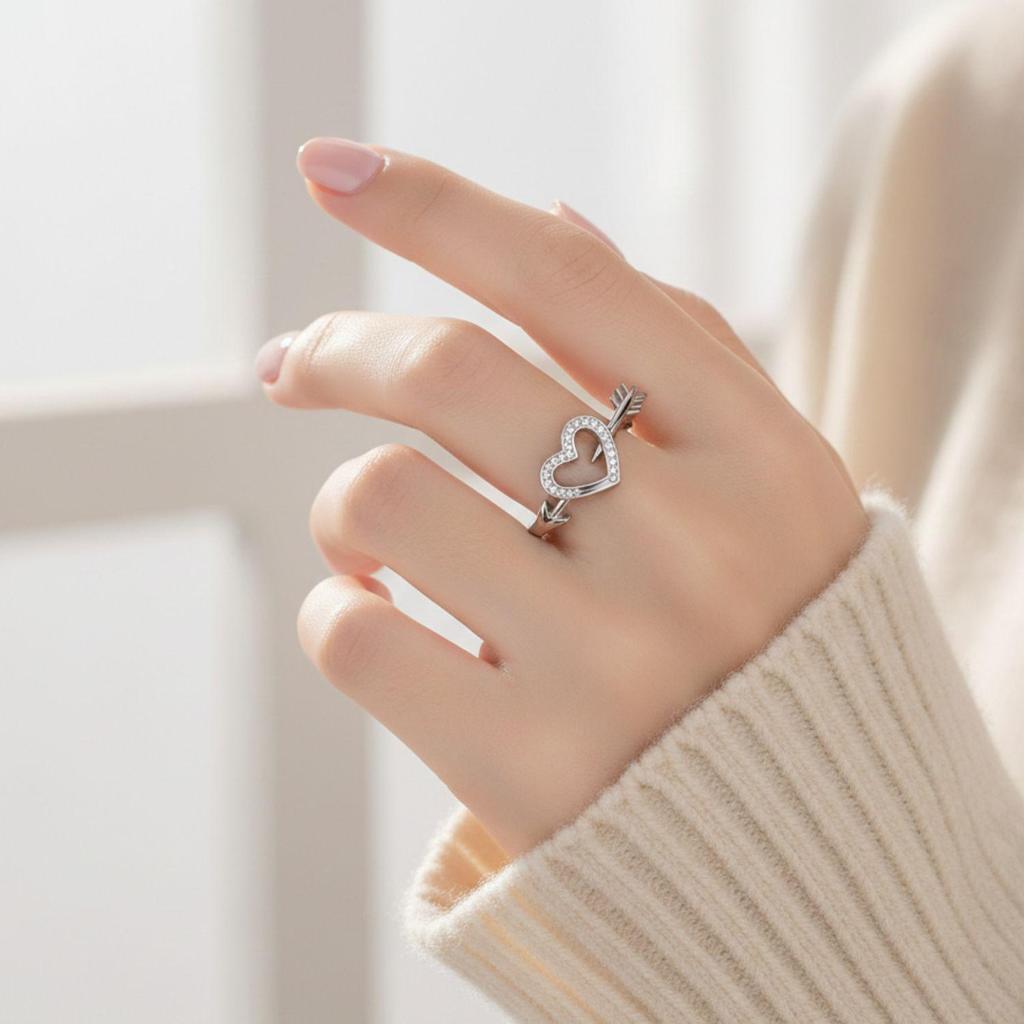 Heart Arrow Open Adjustable Ring – 925 Sterling Silver