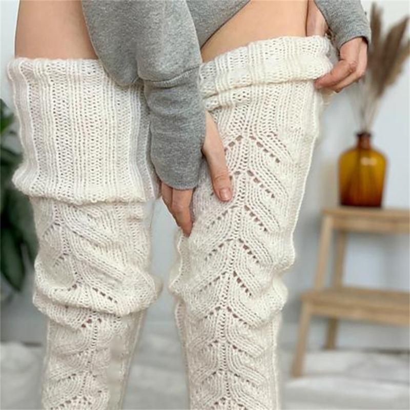 Hollowed Out Knitted Over Knee Long Socks for Women Winter Fall Thigh High Stockings Solid Color Thermal Long Leg Warmer
