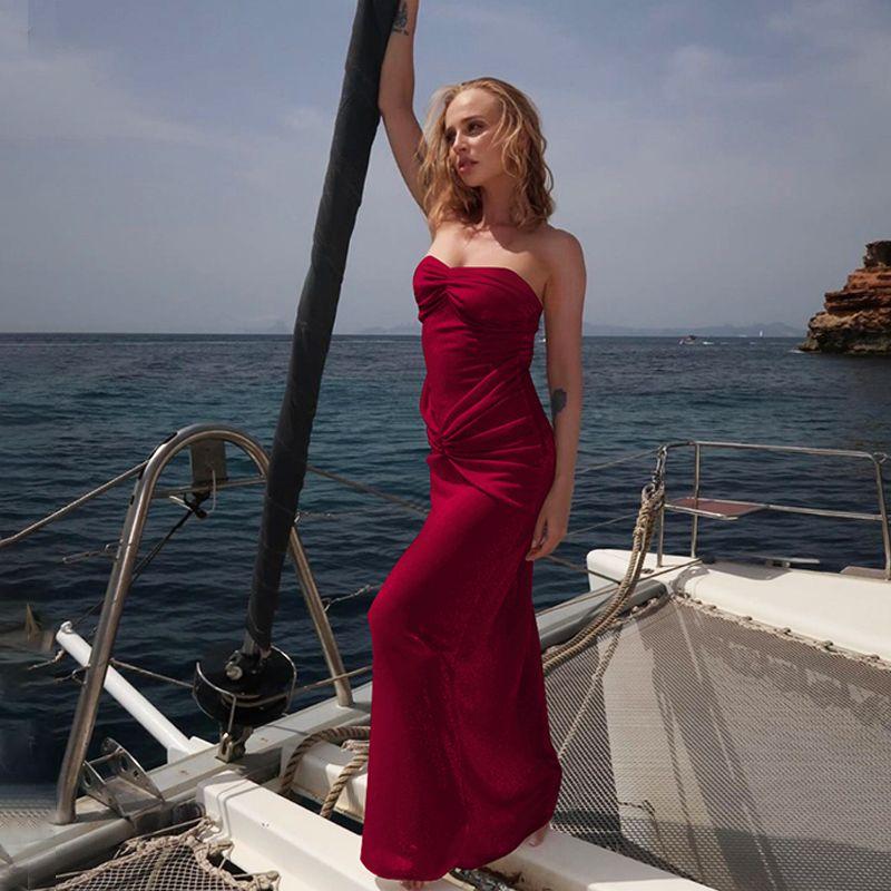 

Shemoda Fashion Style Elegant Party Bright Silk off-Neck Tube Top Dress Dress Silm below the Knee Long Dress Burgundy S