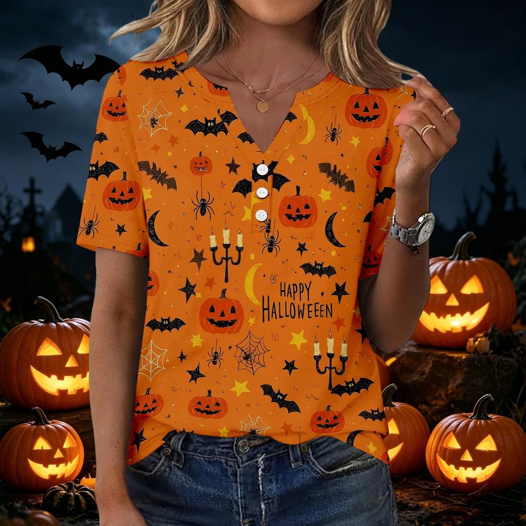 Womens Casual Halloween V Neck Short Sleeve Button T Shirt Spider Web Print Lightweight Top for Fall Seasonal Wear