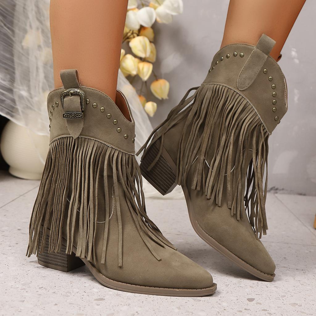 Women Ankle Boots Autumn Suede Chelsea Boots Pointed Toe Tassel High Heel Shoe Rivet Fashion Retro Cowboy Boots Botas Mujer