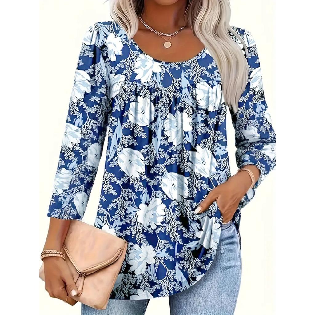Plus Size Women's Fall Casual Printed Crew Neck Long Sleeve T-shirt Top For European American