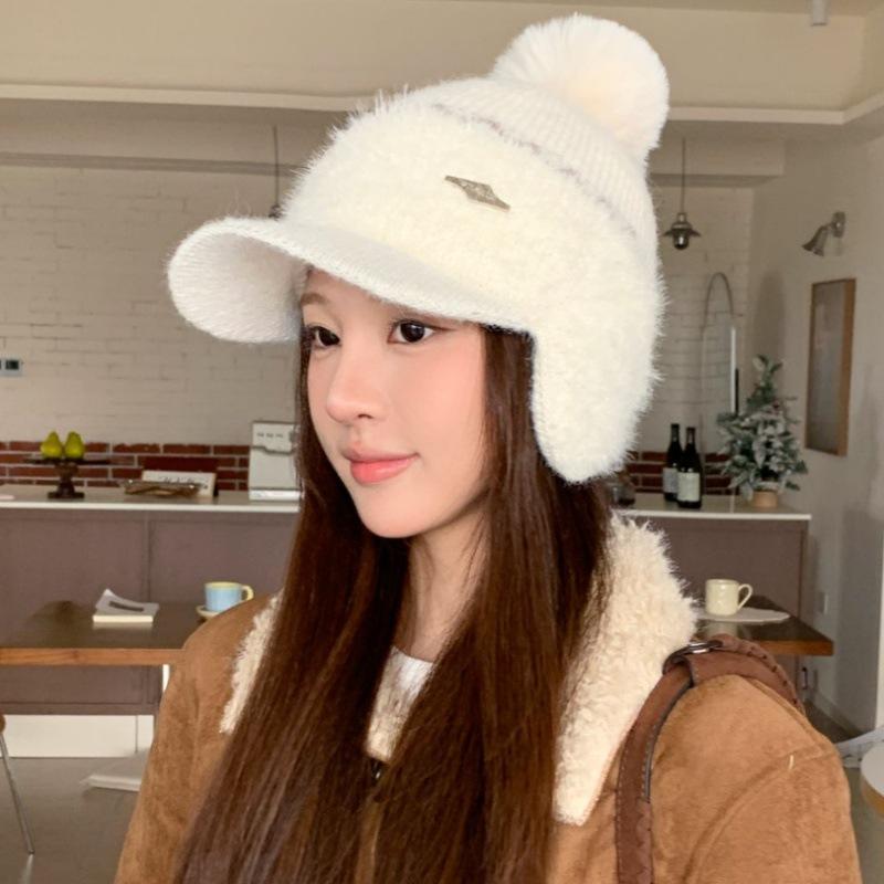 Autumn and Winter Thickened Ear Bag Rabbit Fur Baseball Bag Head Hat Women's Versatile Casual Ear Protection Fleece Knitted Cap