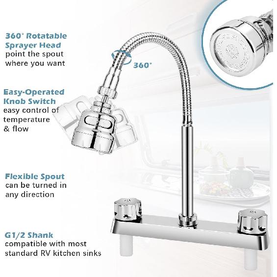 3 Mode RV Kitchen Faucet, XFIRE-GEAR 8In Camper Faucet Kitchen With Flexible Arc 360 Degree Rotatable Function Sprayer, RV Sink Faucets For