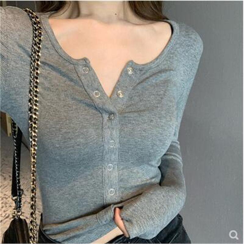 

Women s V-Neck Slimming Long Sleeve Pullover - Autumn Single-Breasted High Waist Top S сірий колір