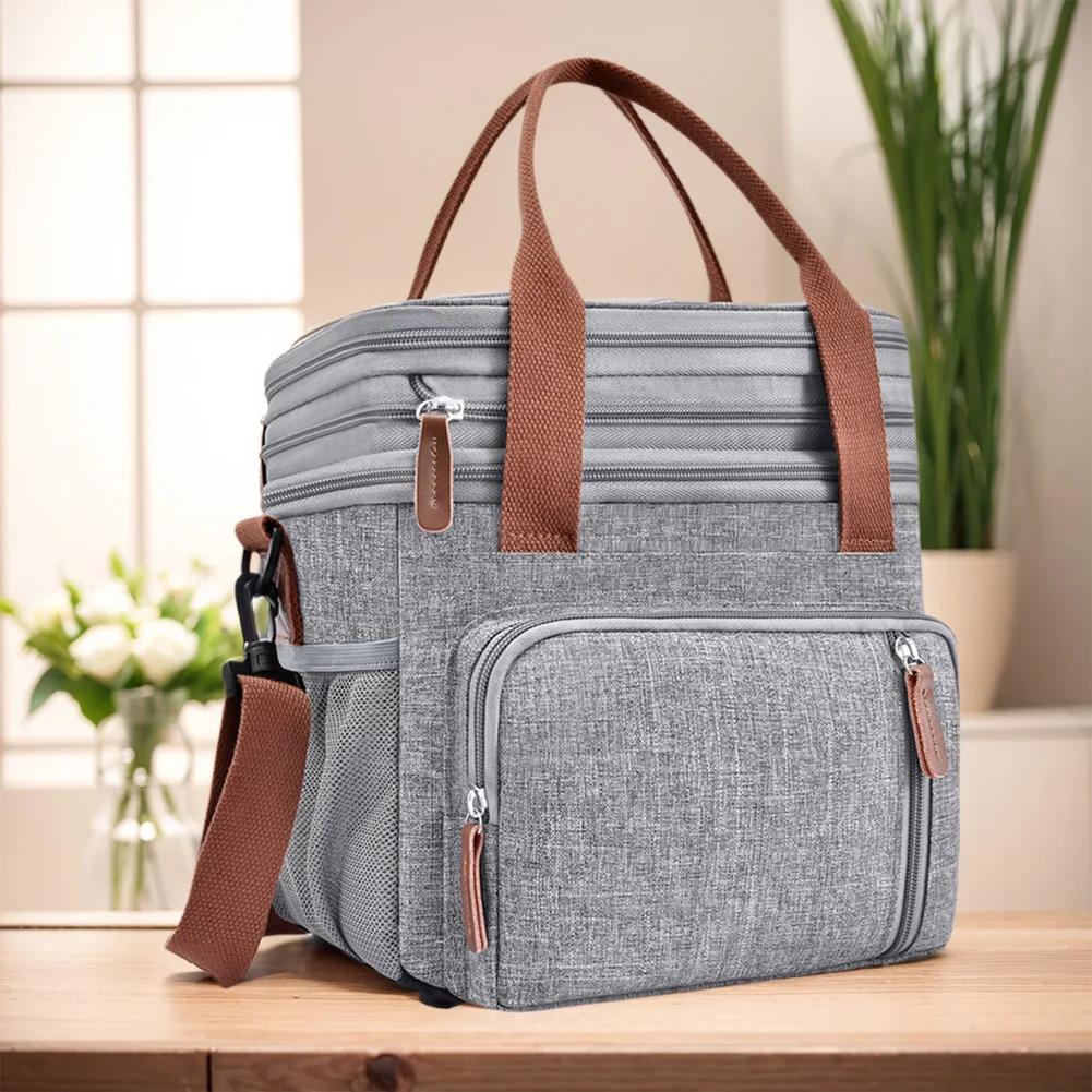 Double Deck Lunch Tote Bag Expandable Thermal Lunchbox Insulated Lunch Pail with Shoulder Strap for Work Office Camping Travel