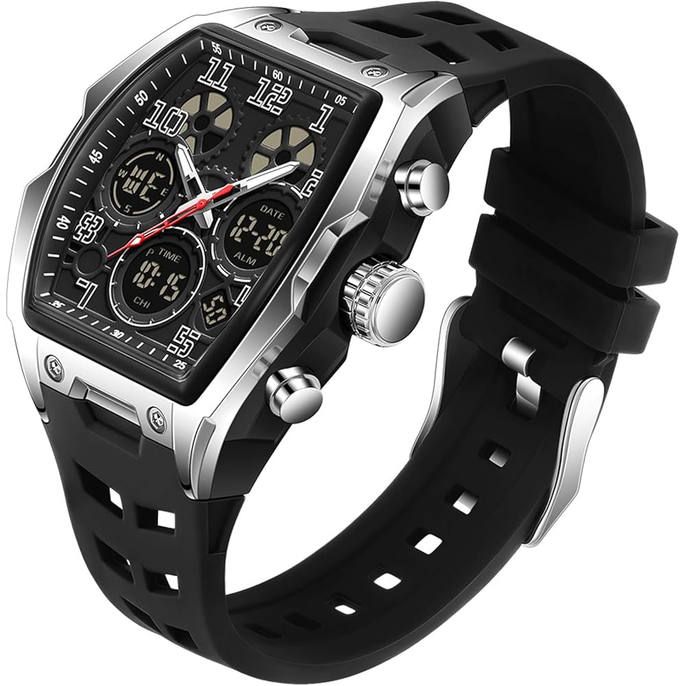 Men s Digital Analog Watch Multi-Function Countdown Stopwatch Alarm Waterproof Pilot Style Sports Watch Silver