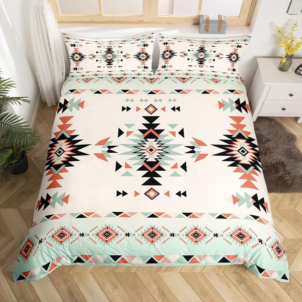 Geometric Aztec Duvet Cover Twin Queen Size,Horseshoe Cactus Western Cowboy Bedding Set,Southwest Rustic Farmhouse Quilt Cover