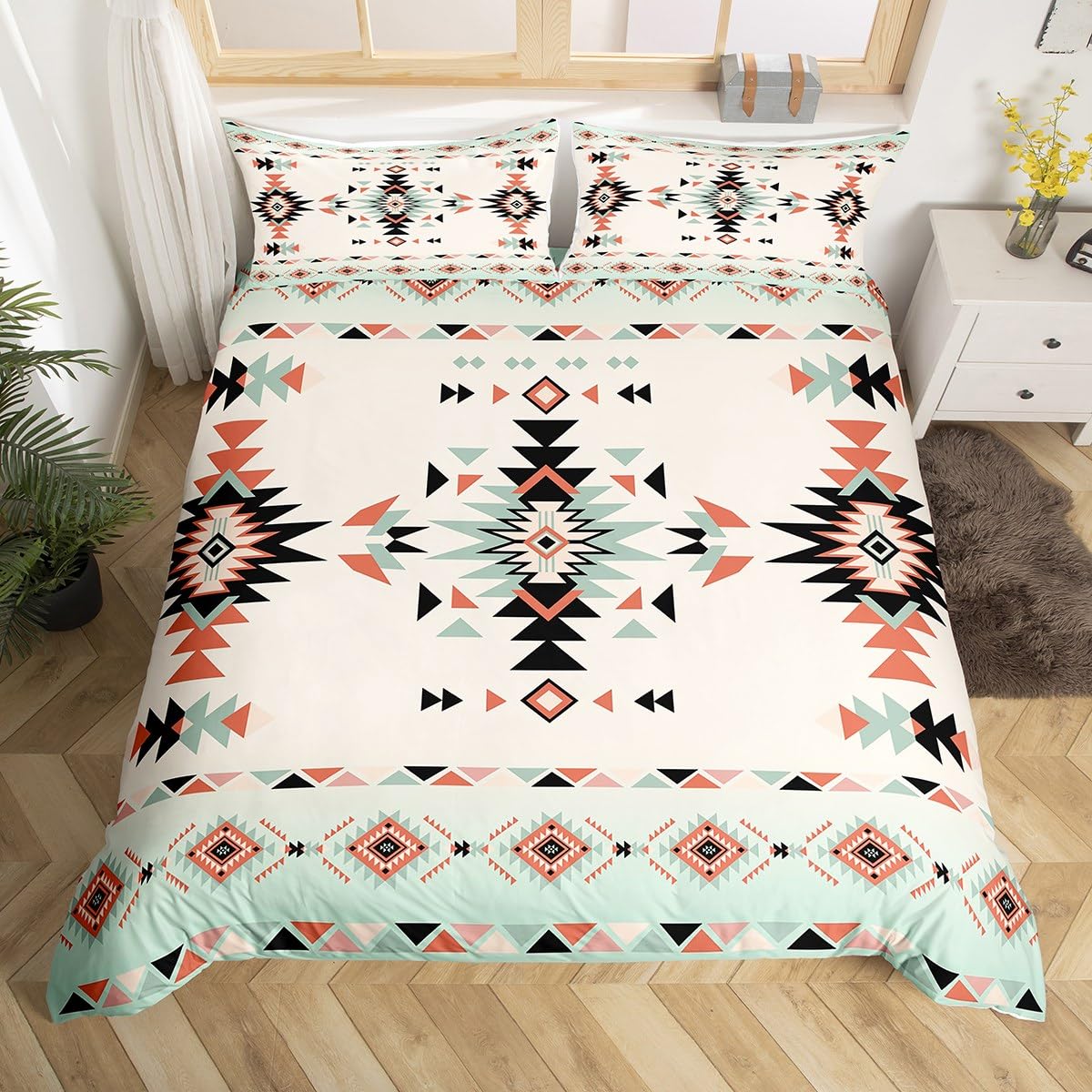 

Geometric Aztec Soft Duvet Cover Twin Quen Sized Dimensions,Horseshoe Cactus Western Cowboy Beding Set,Southwest Rustic Farmhouse Comfortable Quilt 100*200cm Single