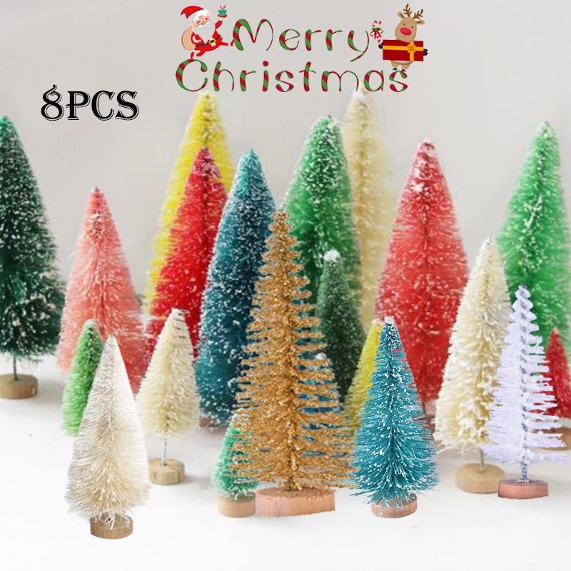 Christmas 8pcs Miniature Tree Mini Pine Frosted Sisal Trees Xmas Ornaments Decor