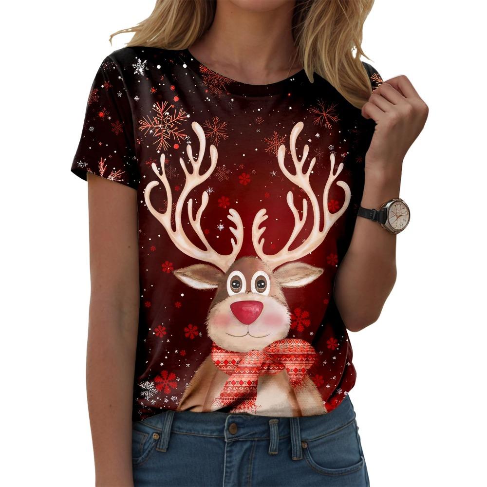 Women's Christmas Printed Casual Round Neck Short Sleeved T-shirt