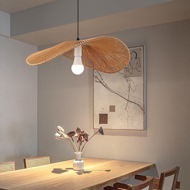 Zen-Inspired Chinese Pendant Lamp with Hemp Rope and Japanese Straw Hat Design