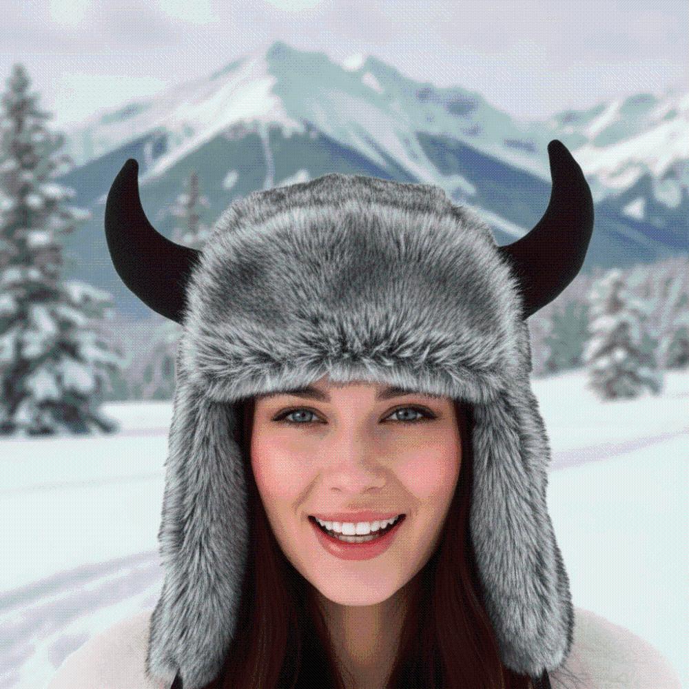 Windproof Fabric Winter Trapper Caps Mink Texture Bull Horns Bonnet Commute Warmth