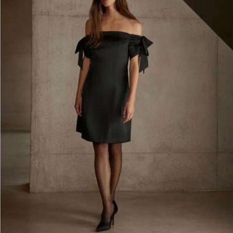 Autumn and Winter New Women Clothes French Style Retro off-Neck Silk Satin Bowknot Decoration Short Mini Dress