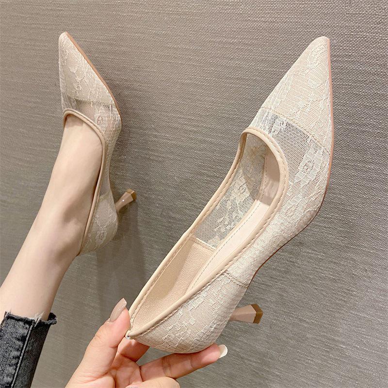 

Sexy Temperament Pointed Toe Stiletto Heel French Lace Women s Mesh High Heels 40 абрикосовий