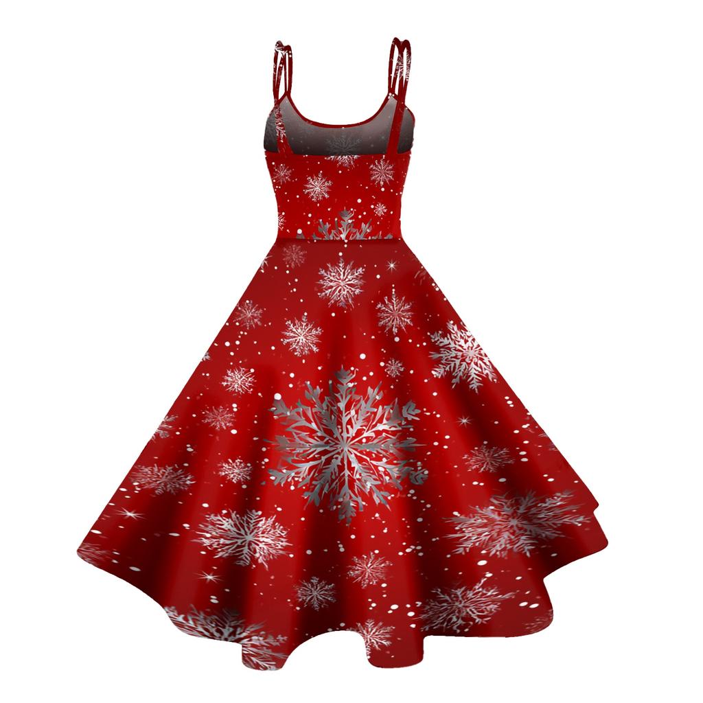 Women's Casual Sleeveless Round Neck Dress with Christmas Print for Holiday Party