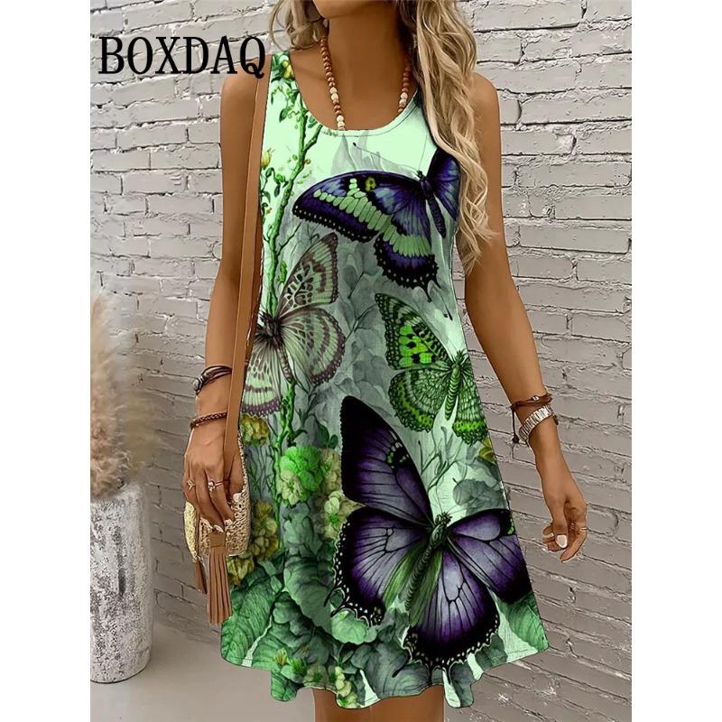 Dresses For Women 2025 Women Vacation Beach Summer Vest Butterfly Flowers Loose Dress Sundress Casual 3D Print Sleeveless Dress