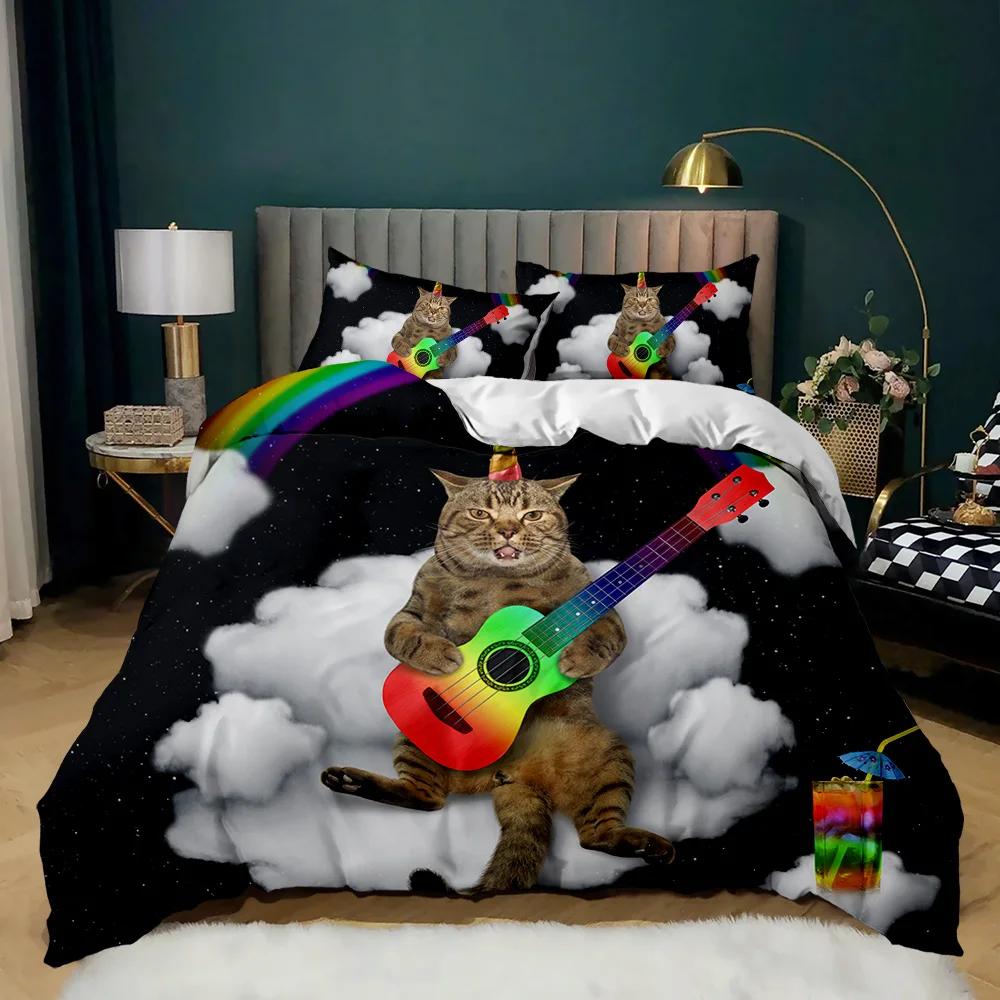 Cartoon Cat Duvet Cover Set Cute Cat Head Room Decor Bedding Set Colorful Pet Twin Double Queen King Size Polyester Qulit Cover