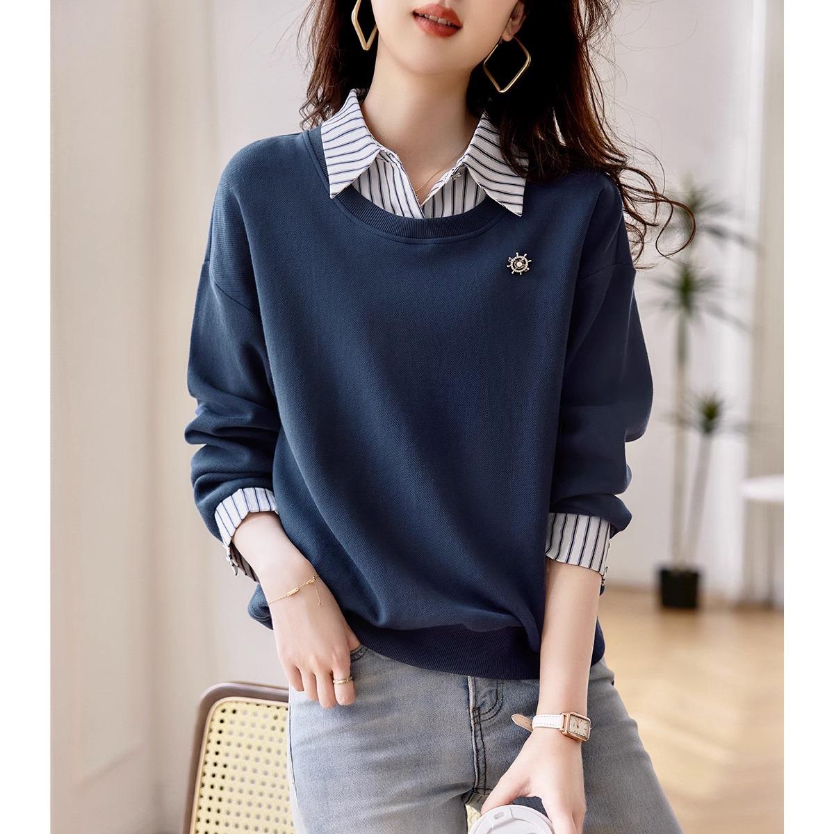 Koreaanse Versie van Leeftijdsverlagend Sweatshirt voor Dames In Herfst Nieuwe Casual Slankmakende Nep Tweedelige Top XL blue