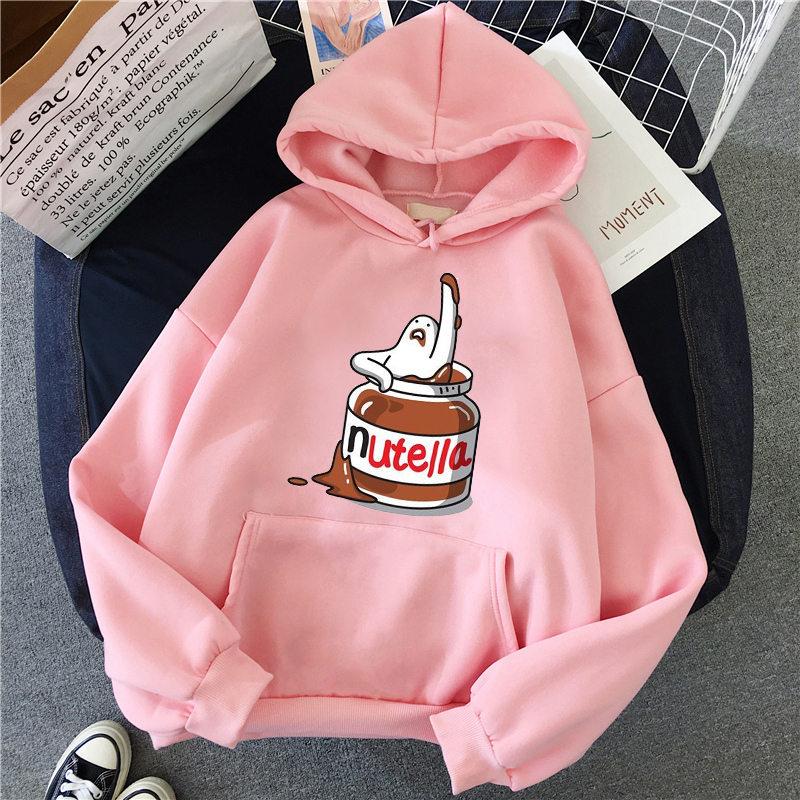 Casual Women Autumn and Winter Harajuku Graphic Sweatshirt Nutella Kawaii Print Women's Hooded Pullover Tops Women's Hoodies