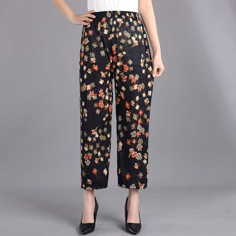 Plus Size Breathable Floral Nine-Point Pants for Mid-Aged and Elderly Women - Summer Ice Silk, Loose Straight Leg Design