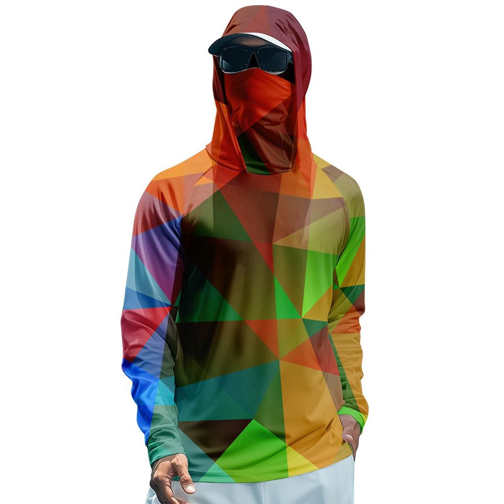 Men's Summer Gradient Color Geometry Quick-drying Long-sleeved T-shirt Sun Clothing Fishing Fitness Sports Hooded Long-sleeved Top
