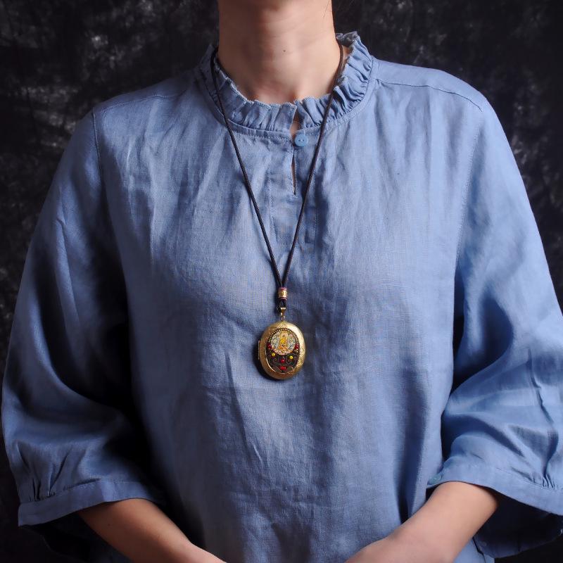 Vairochana Yellow Tibetan Amulet: Brass Box Pendant Necklace with Jambhala & Avalokiteshvara Hollow Design