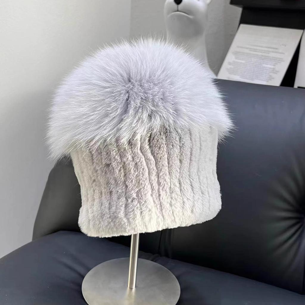Real Rex Rabbit Hair Fox Hair Hat Thickened Fur Ear Protector Hat Cold-proof and Warm Plush Knitted Hat Baotou Hat Basin Hat