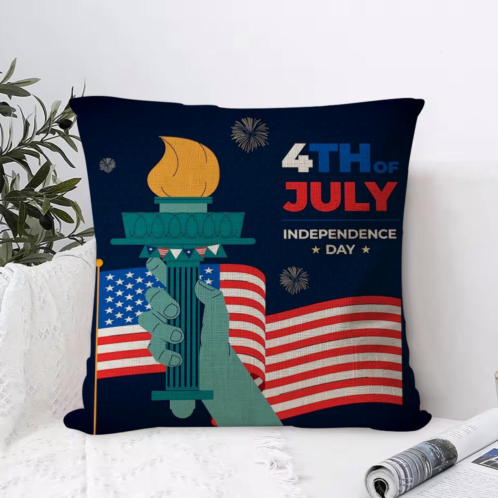 Independence Day Cushion Cover Breathable Linen Pillow Cover Skin-Friendly Home Decor Pillowcase With Hidden Zipper