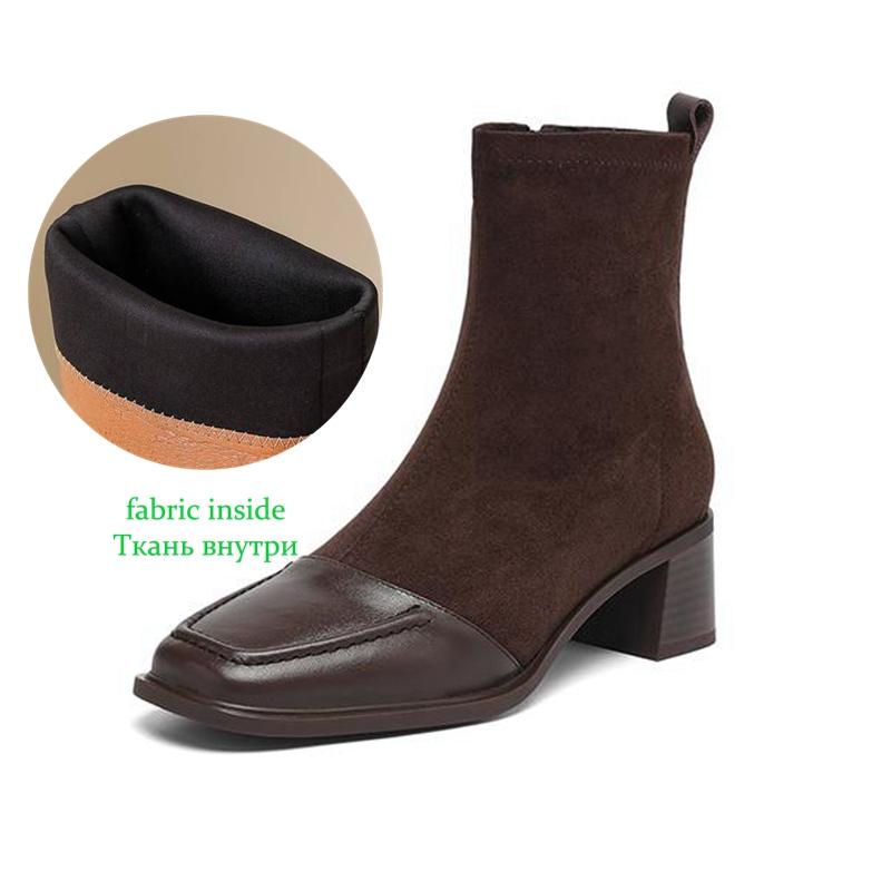 Krazing Pot Cow Skin Winter Square Toe Chelsea Boots Med Heels Zipper Women Flock Patch Work Ankle Boots