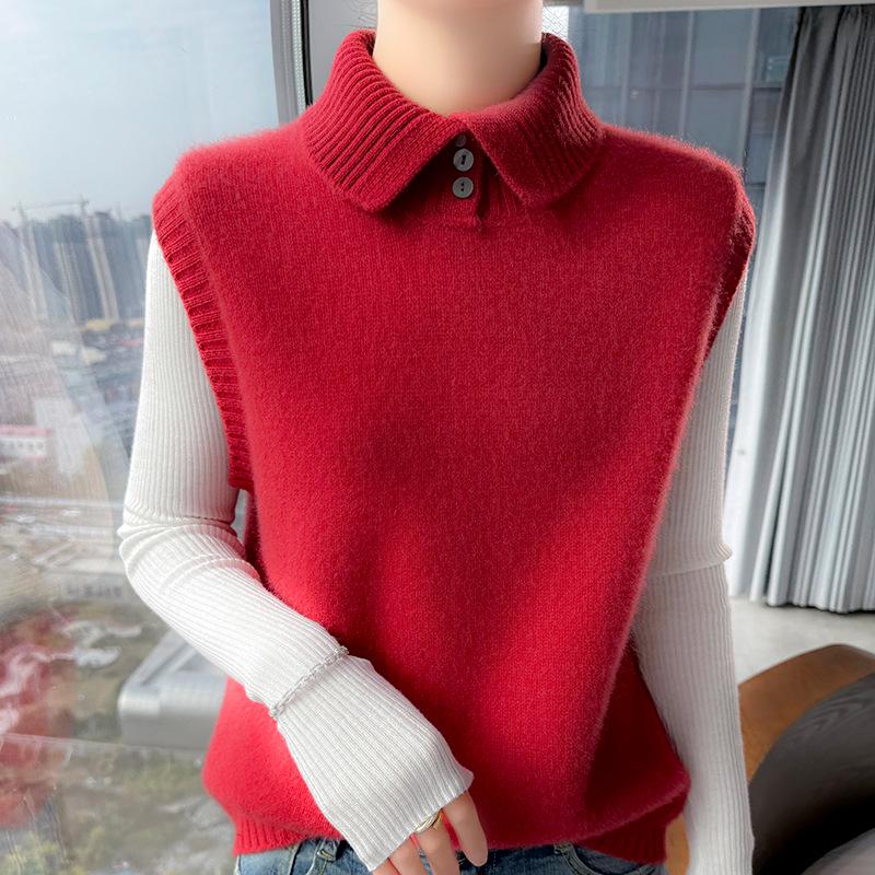Women's Pure Wool Lapel Knit Vest - Solid Color Sleeveless Autumn/Winter Sweater Shawl