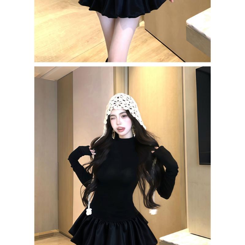Women Sweet Cool Slim Fitted High Waist Long Sleeve Puffy Short Dress