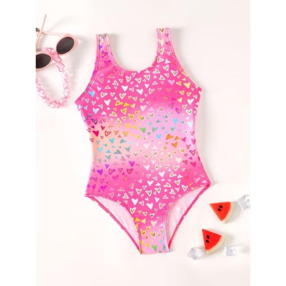 Girls One Piece Swimsuit Cute Cartoon Colorful Heart Symbol Print Sleeveless Swimwear Kids Summer Beach Bathing Suit