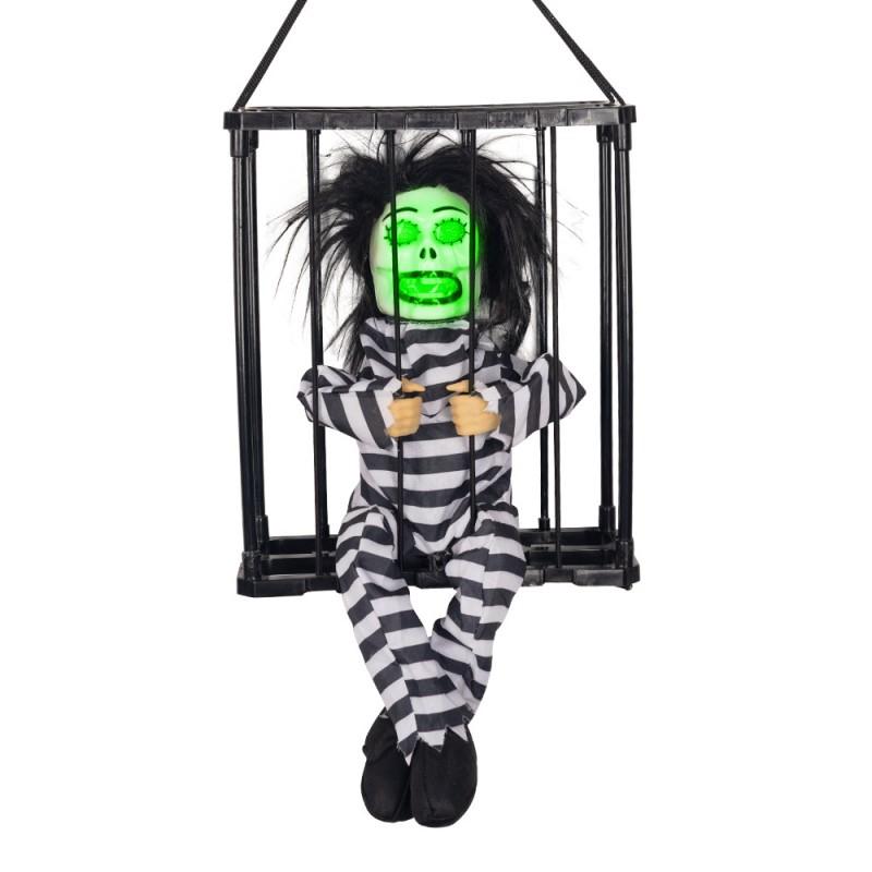 Halloween Animated Glowing Screaming Prisoner Skull In Cage Decor Haunted House Bar Escape Room Party
