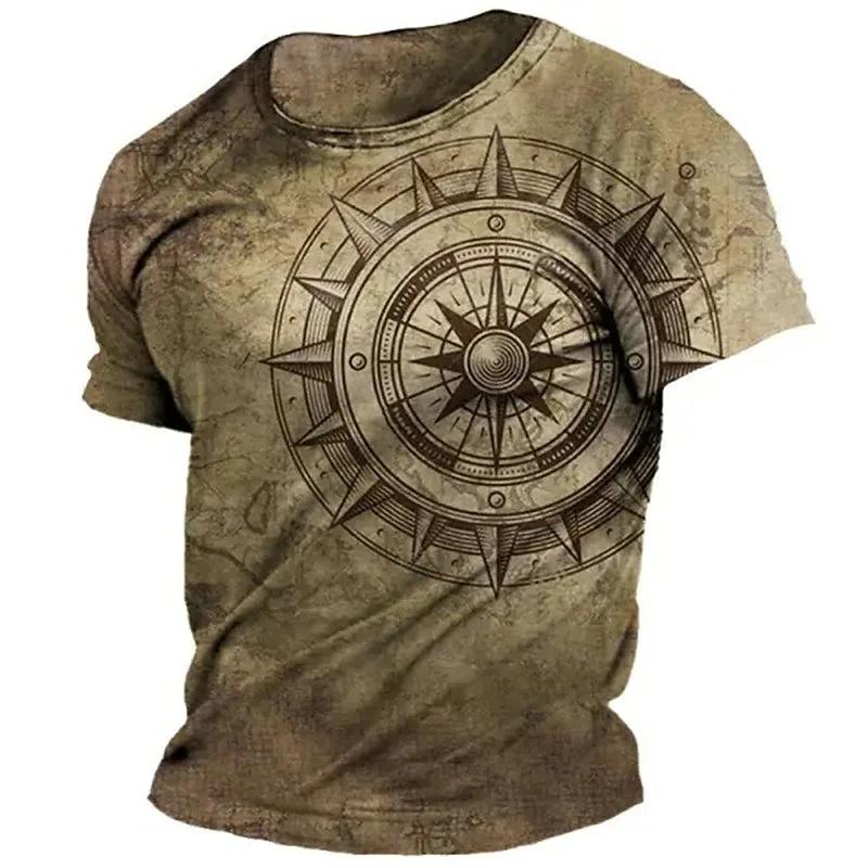 Vintage Compass Pattern T-Shirt For Men Navigation Map 3D Printed Tees Summer Fashion Casual Loose Street Tops O-Neck T Shirts
