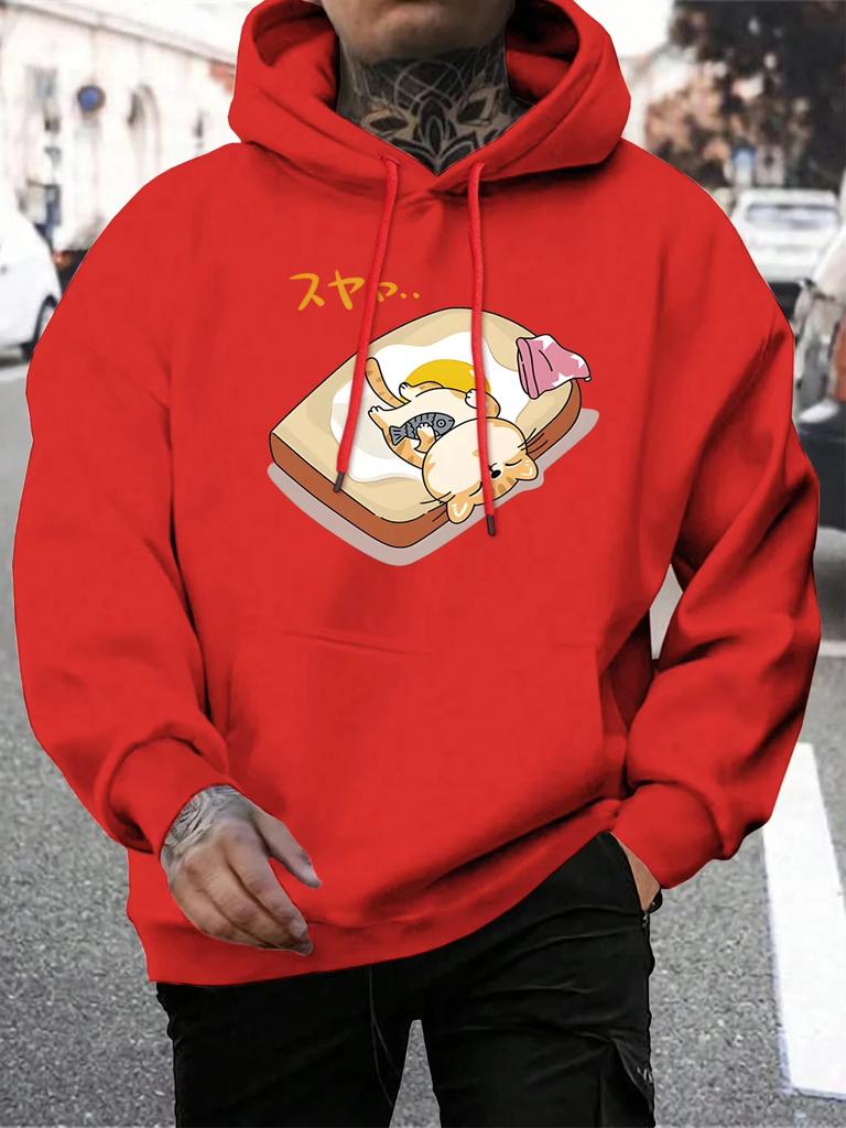 2025 Cartoon Cat Egg Toast Bread Printing Men Hoodie All-Match Autumn Streetwear Comfortable Loose Hoody Fleece Pocket Pullover