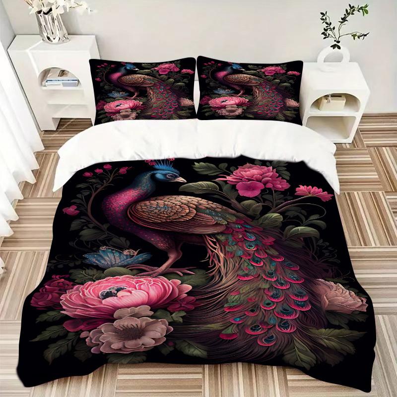 3PCs Peacock Floral Pattern Design Cover Set, Breathable Fabric(1 Duvet Cover + 2 Pillowcases) (Without Quilt) yy250911191