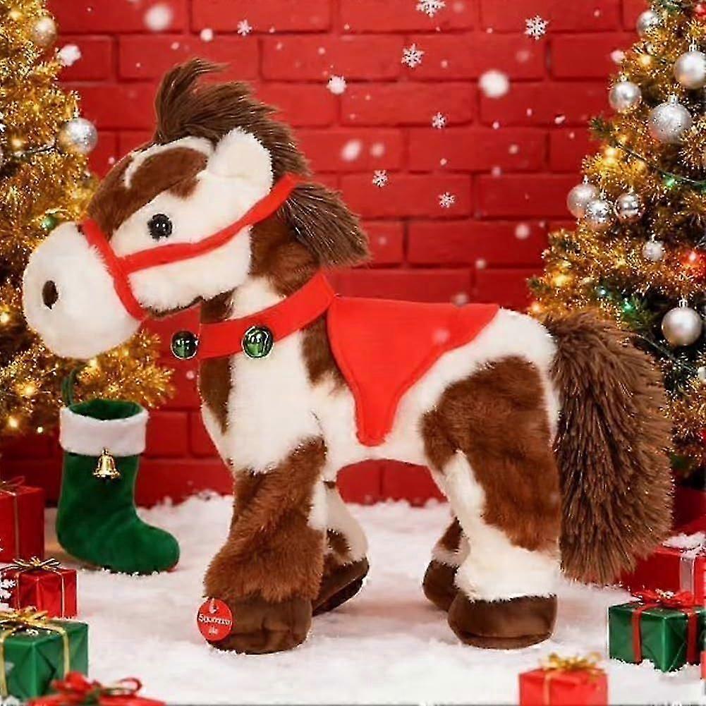 Skvrnitý elektrický plyšový kůň, Interaktivní skvrnitý animovaný chodící kůň hračka se zvuky, Měkký hnědo-bílý poník s pohybující se hlavou a ocasem jako dárek pro děti