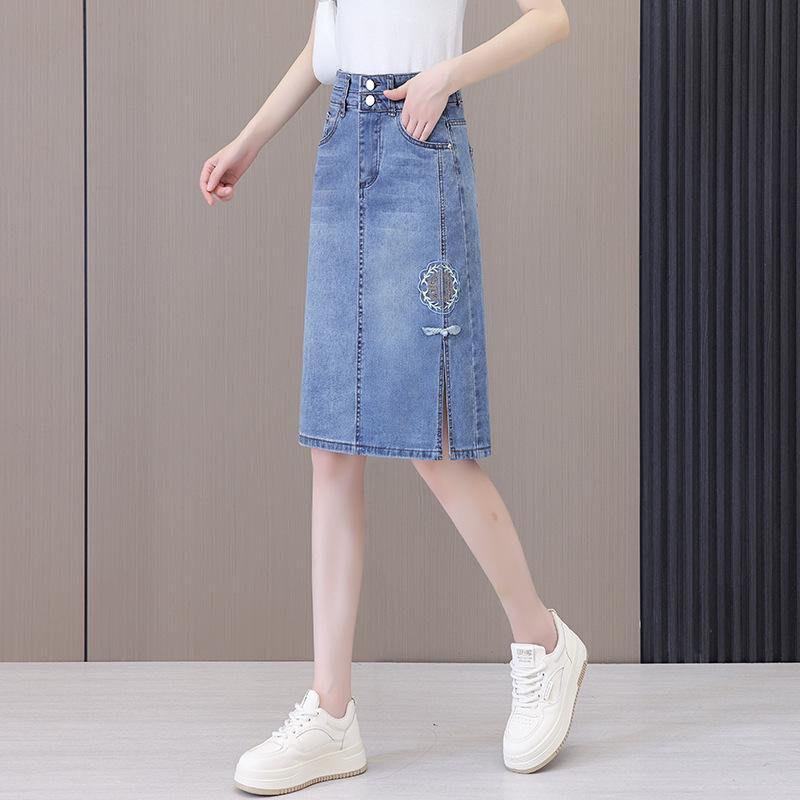 High-Waist Denim Skirt with Floral Embroidery, Summer 2024