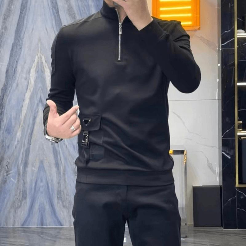 

Мужская корейская мода Новые рубашки поло Весна Осень O-образный вырез Однотонные Стойка воротник Карманы на молнии Тренд Повседневные Футболки с длинным рукавом Топы M чёрный