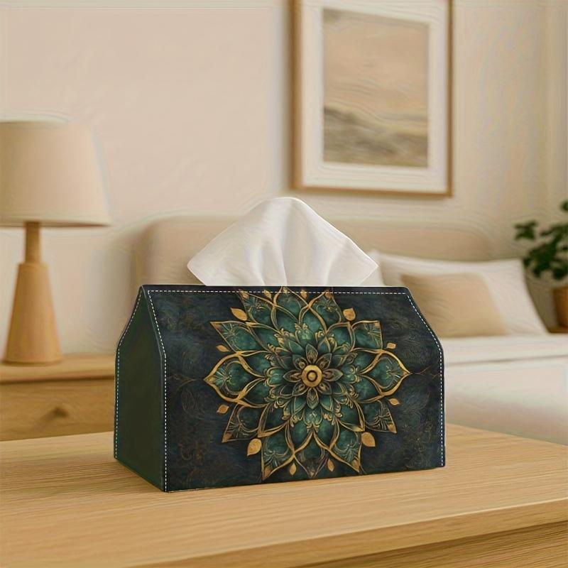 2D Flat, 1pc Napkin Box, Featuring Deep Green Mandala Pattern, Embedded In Textured Decorative Storage Box, Perfect for Holiday Home Decor, Kitchen, L