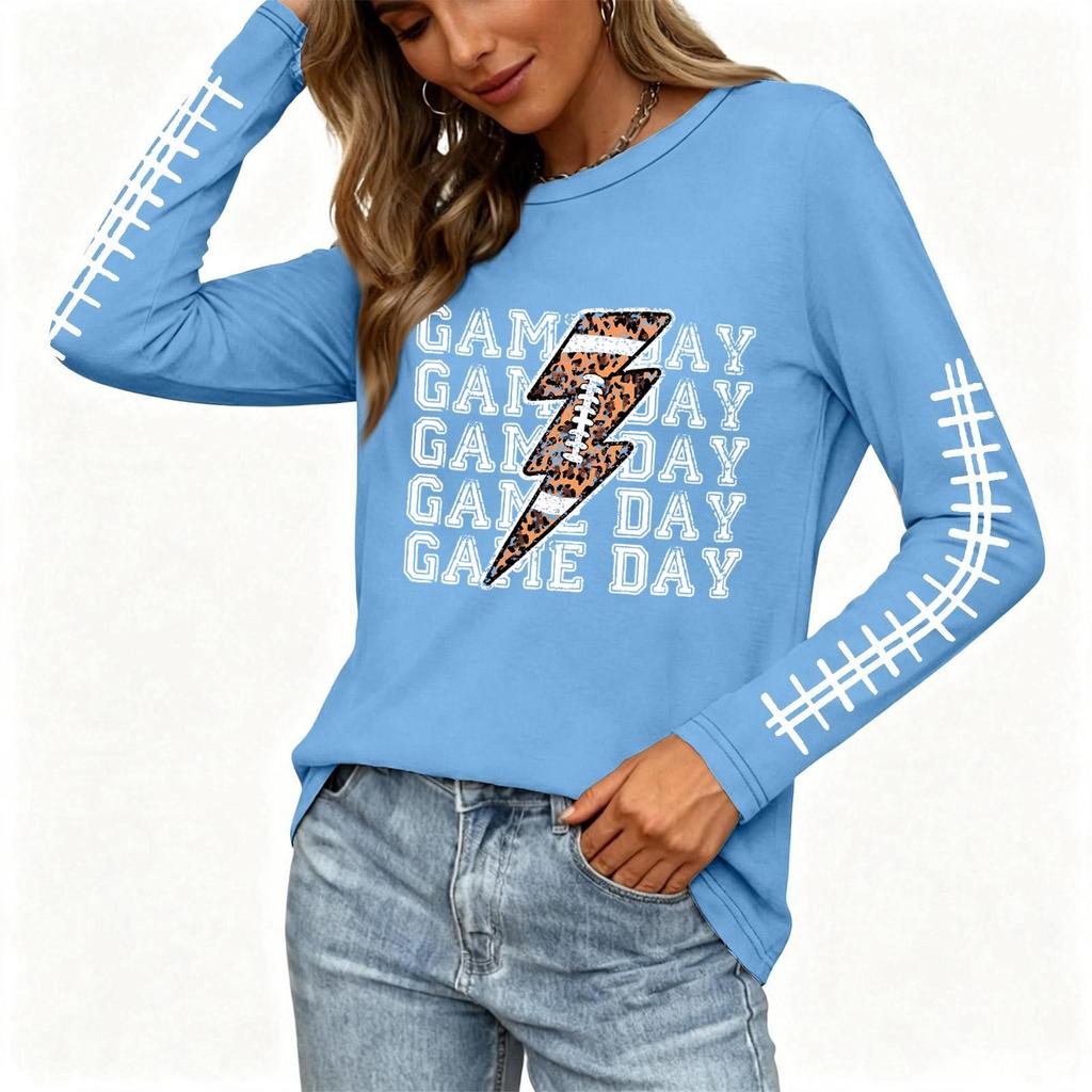 Women's Fashion Long Sleeve Neck Top with Rugby Print and Split Hem