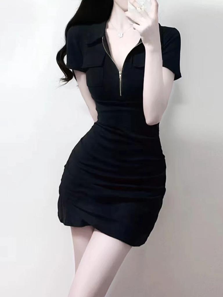 Dress Knit Fabric Slim Fit Short Sleeve Polo Neck Retro Style For Summer Fashion