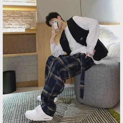 Pantaloni carouri coreeni la modă pentru bărbați: Pantaloni Eleganti, Croială Largă, Casual, Versatili, Drepți