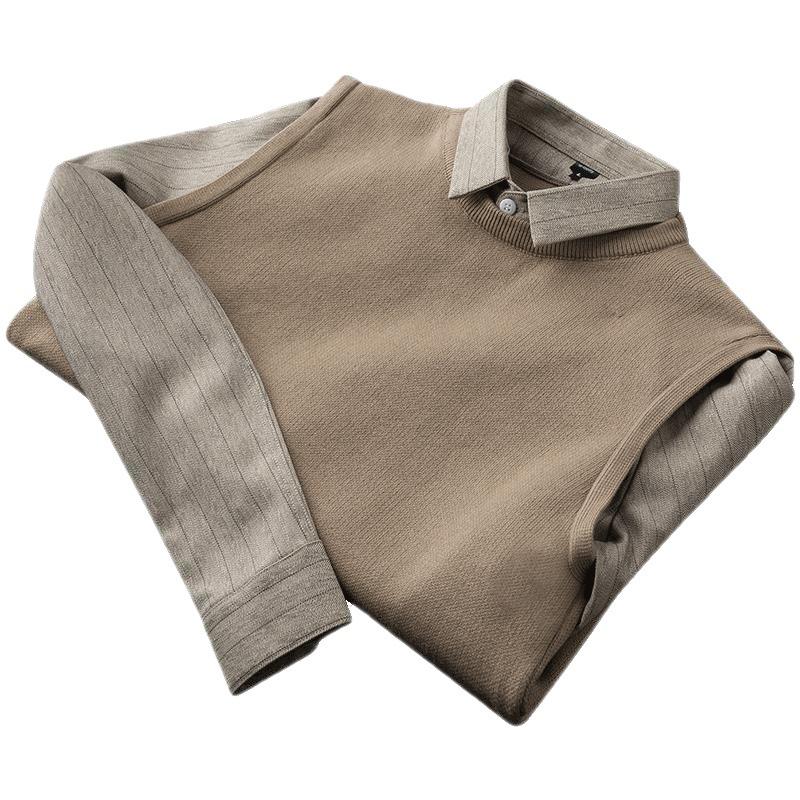 Men's Sweater Autumn Winter Lapel Fake Two Casual Knitwear Patchwork Color Contrast Slim-fit Business