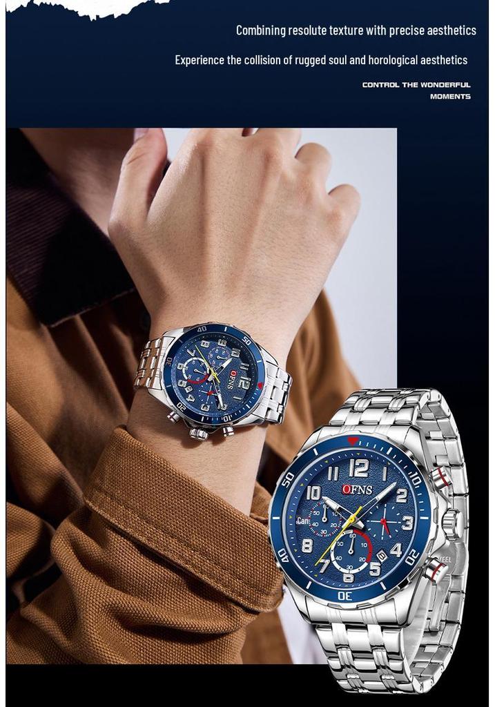 Oufanni Men's Quartz Watch with Silicone & Steel Straps, Waterproof, Calendar, and Small Seconds Hand